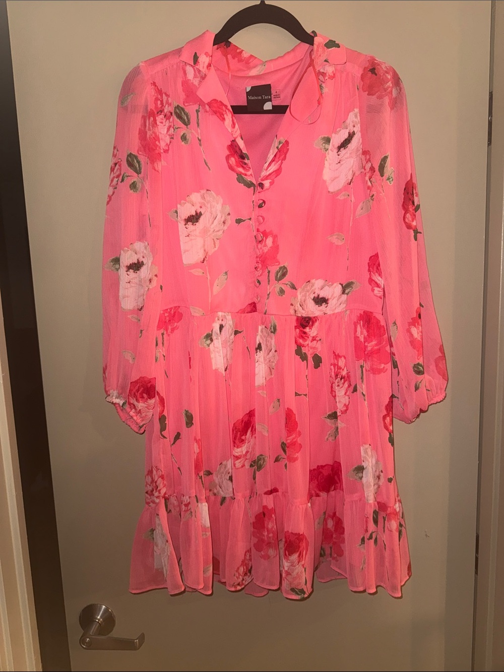 Maison Tara Coral Floral Tiered Ruffle Dress